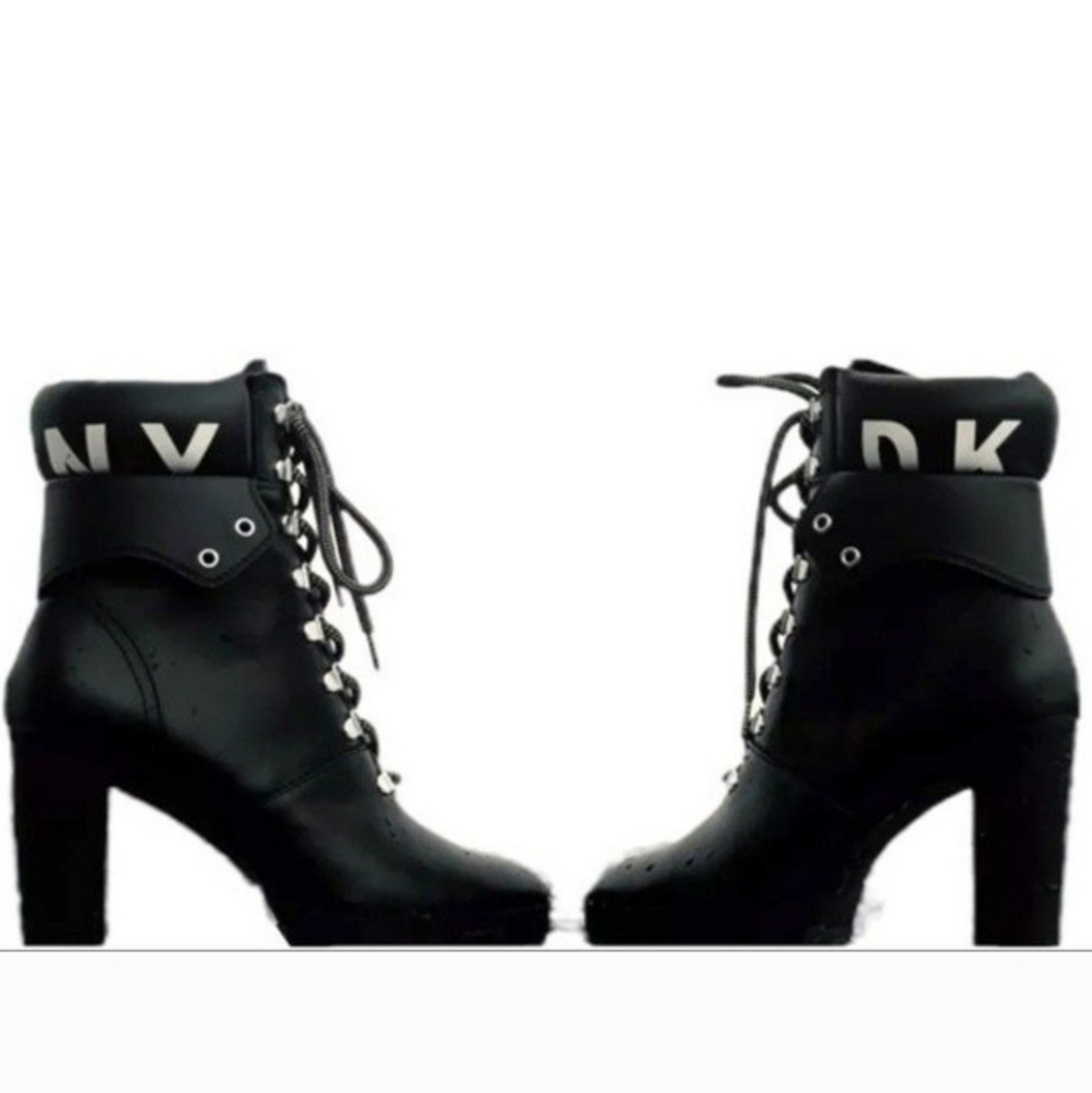 DKNY Black Moto Style Lace Up Logo High Heel Ankle Boots Womens Size 10
